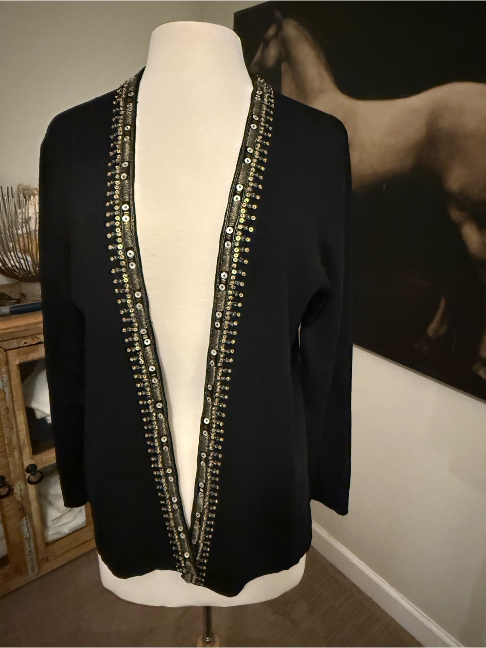 Chico's Black Open-Front Cardigan with Gold & Silver Sequin Trim